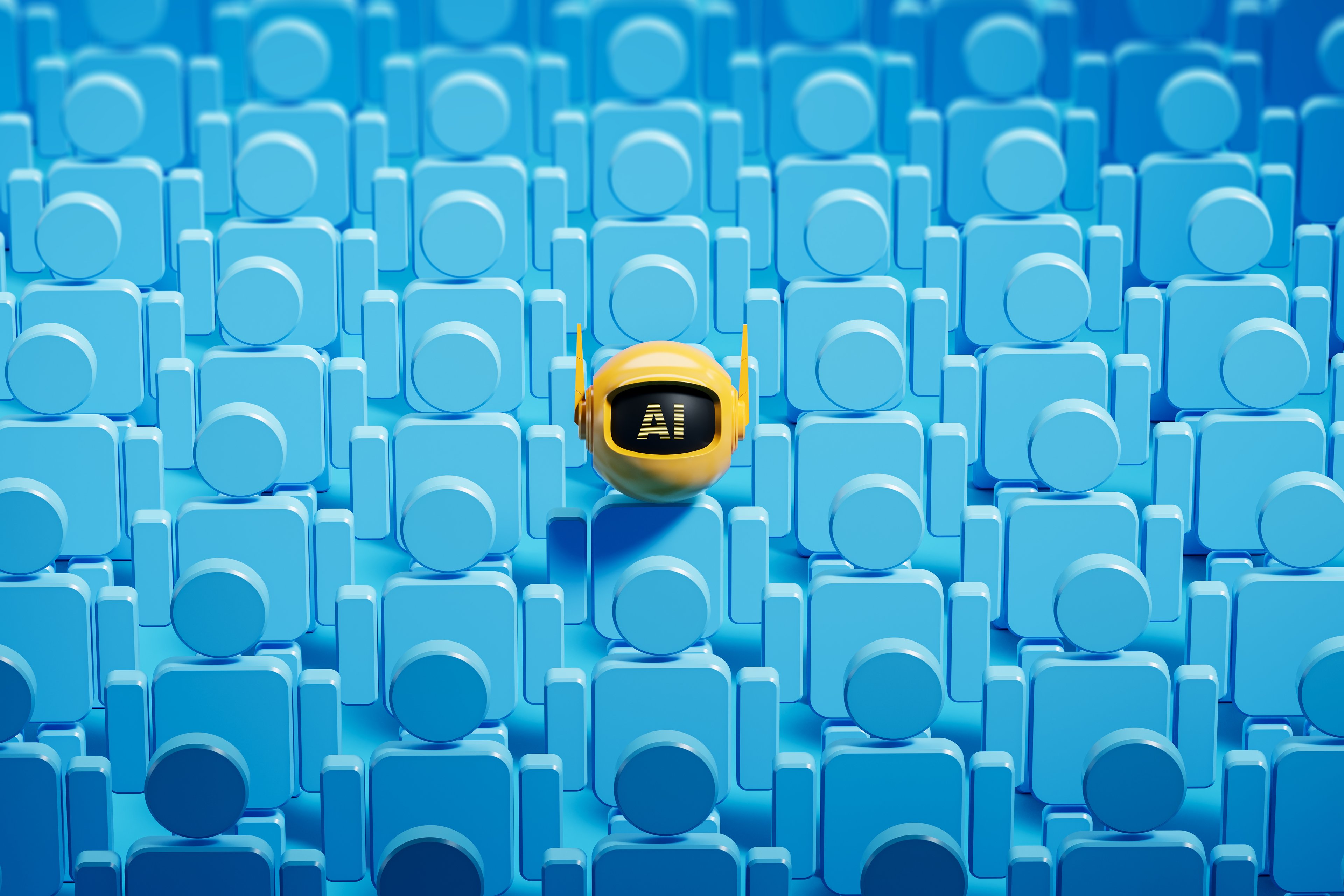 Yellow AI robot head among blue human icons, representing AI standing out.