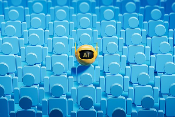 Yellow AI robot head among blue human icons, representing AI standing out.
