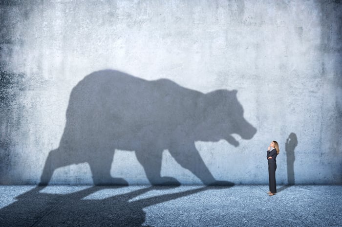 Investor in navy blue pantsuit staring at a giant shadow of a bear on a wall.