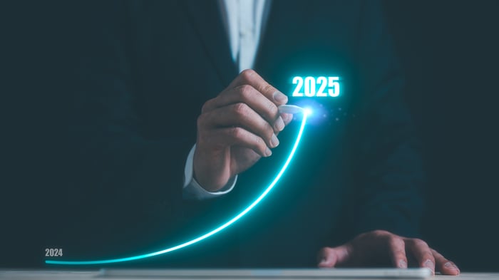 Person drawing an upward stock chart line labeled 2025.