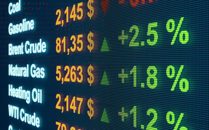 An electronic screen shows prices of various commodities like: coal, gasoline, brent crude, natural gas, heating oil, and WTI crude.