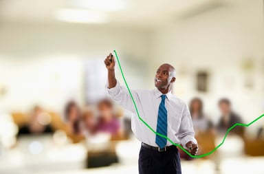 A person drawing a green arrow on a glass board.