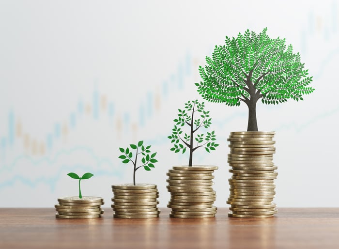 Sequentially rising stacks of coins with plant shoot on top of each. 