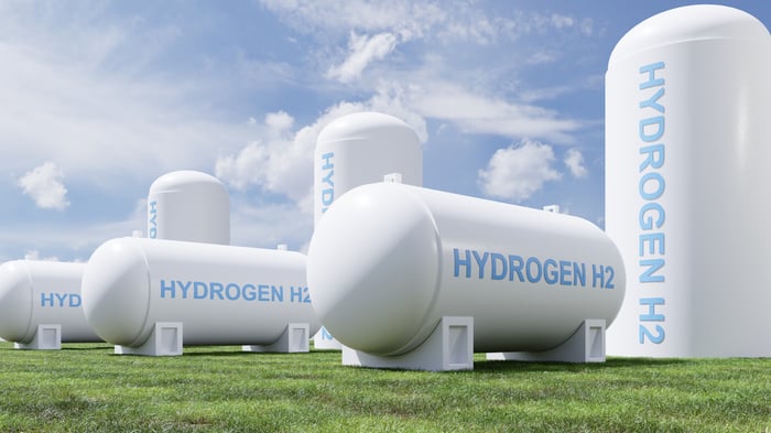 Hydrogen canisters in a green field. 