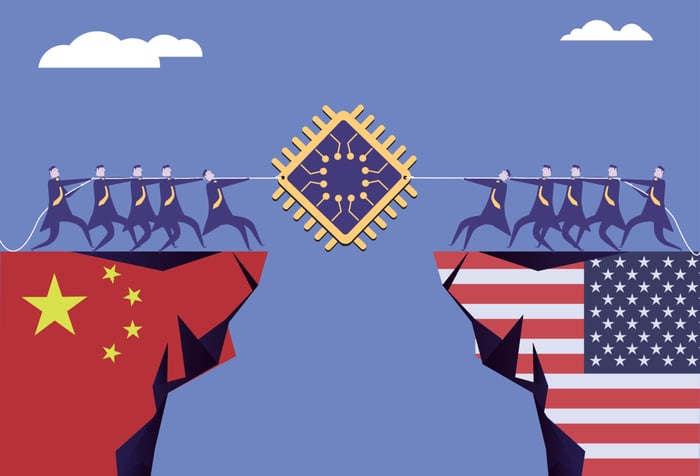 An illustration of a semiconductor tug of war between China and the U.S. 