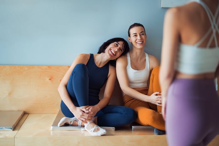 Three women in yoga gear at the workout studio.