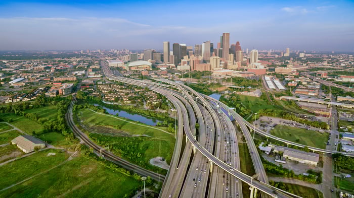 An aerial view of a city. 