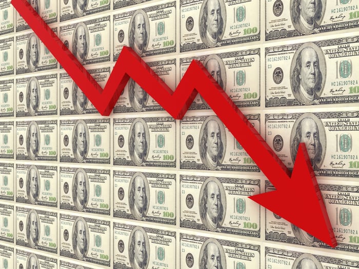A large red arrow points downward with a background of hundred-dollar bills.