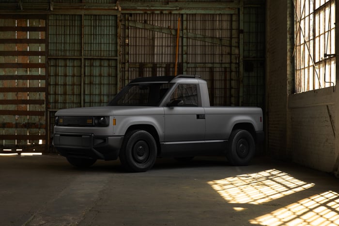 Slate Auto's electric truck in a garage.