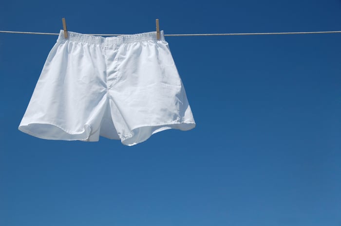 White underwear hanging from a clothesline. 