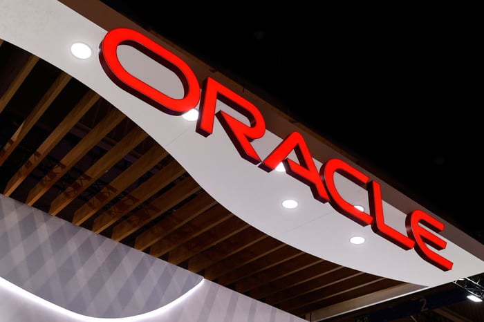 Oracle logo on a building.