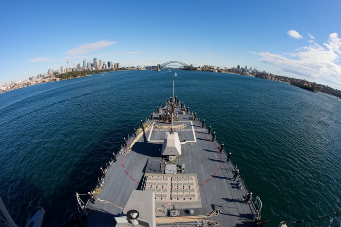 A Navy ship in the ocean.