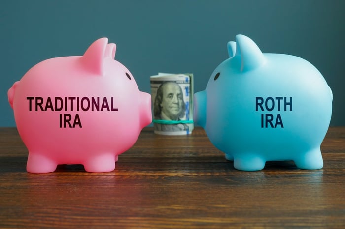 Two piggy banks labeled Traditional IRA and Roth IRA face each other with a roll of $100 bills between them.
