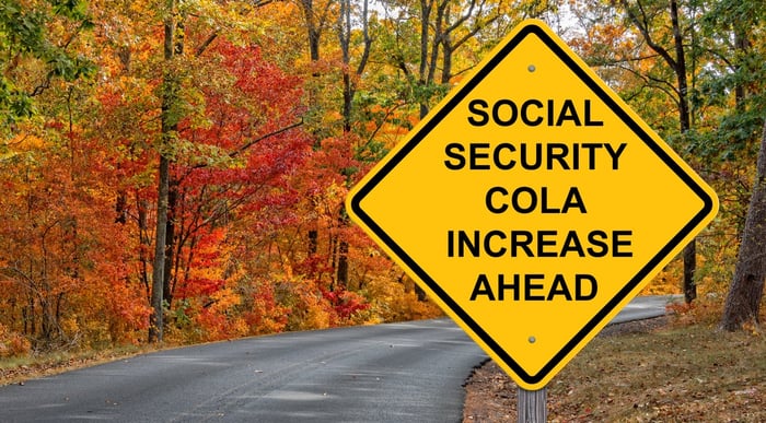 Winding road surrounded by beautiful fall foliage. In the forefront is a sign that reads, "Social Security COLA Increase Ahead." 