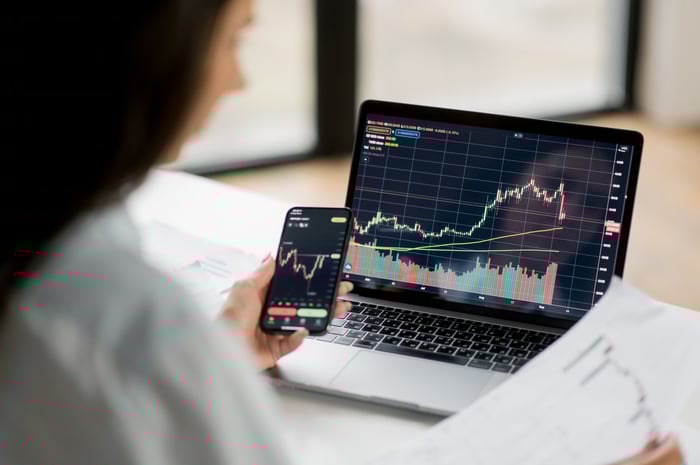 investor looking at phone and laptop charts.