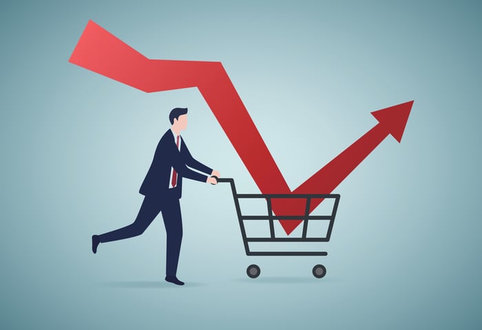 A person pushing a grocery cart with a chart arrow falling into the basket and then rebounding out of it.