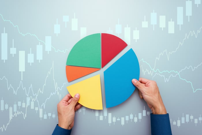 Person assembling a pie chart.