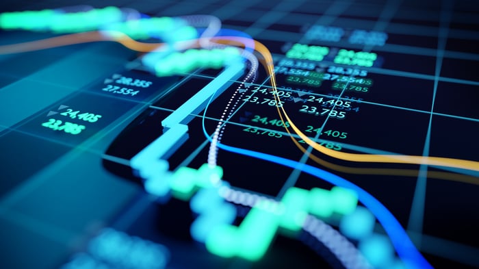 A blue-green digital stock price chart drops sharply.