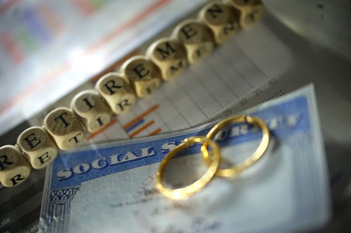 Two interlocked wedding rings laid atop a Social Security card, besie a string of letters that reads: retirement.