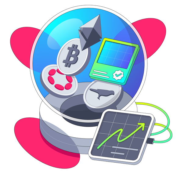 A Polkadot logo and several icons showing connected assets such as Bitcoin, Ethereum, and financial markets.
