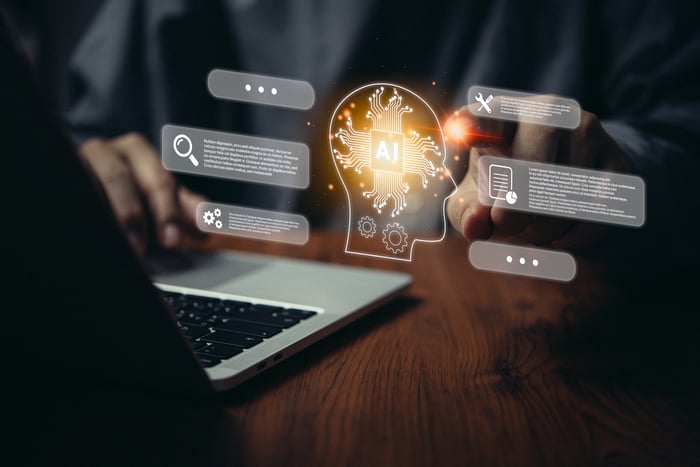 An image with AI notated at the center of an image of a head, positioned as if AI is the brain.