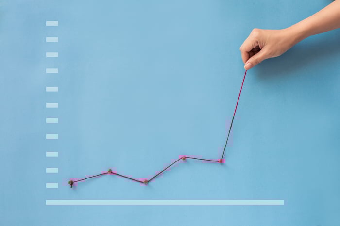 A hand draws a financial chart with a sharp price spike near the end.