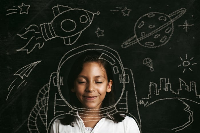 A child with eyes closed and an astronaut suit sketched around them with a blackboard of space items in the background. 