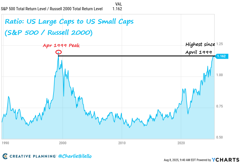 Graph showing relative performance of large cap stocks to small cap stocks since 1990. 
