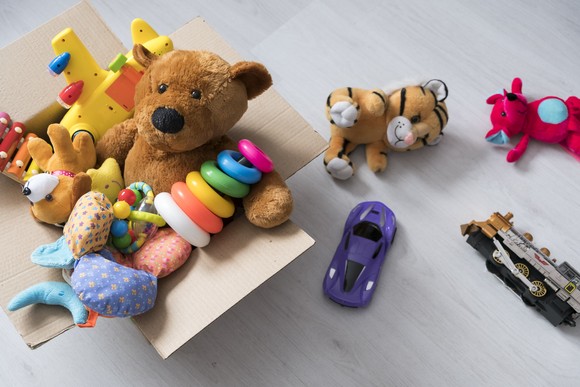 Stuffed animals in a box.