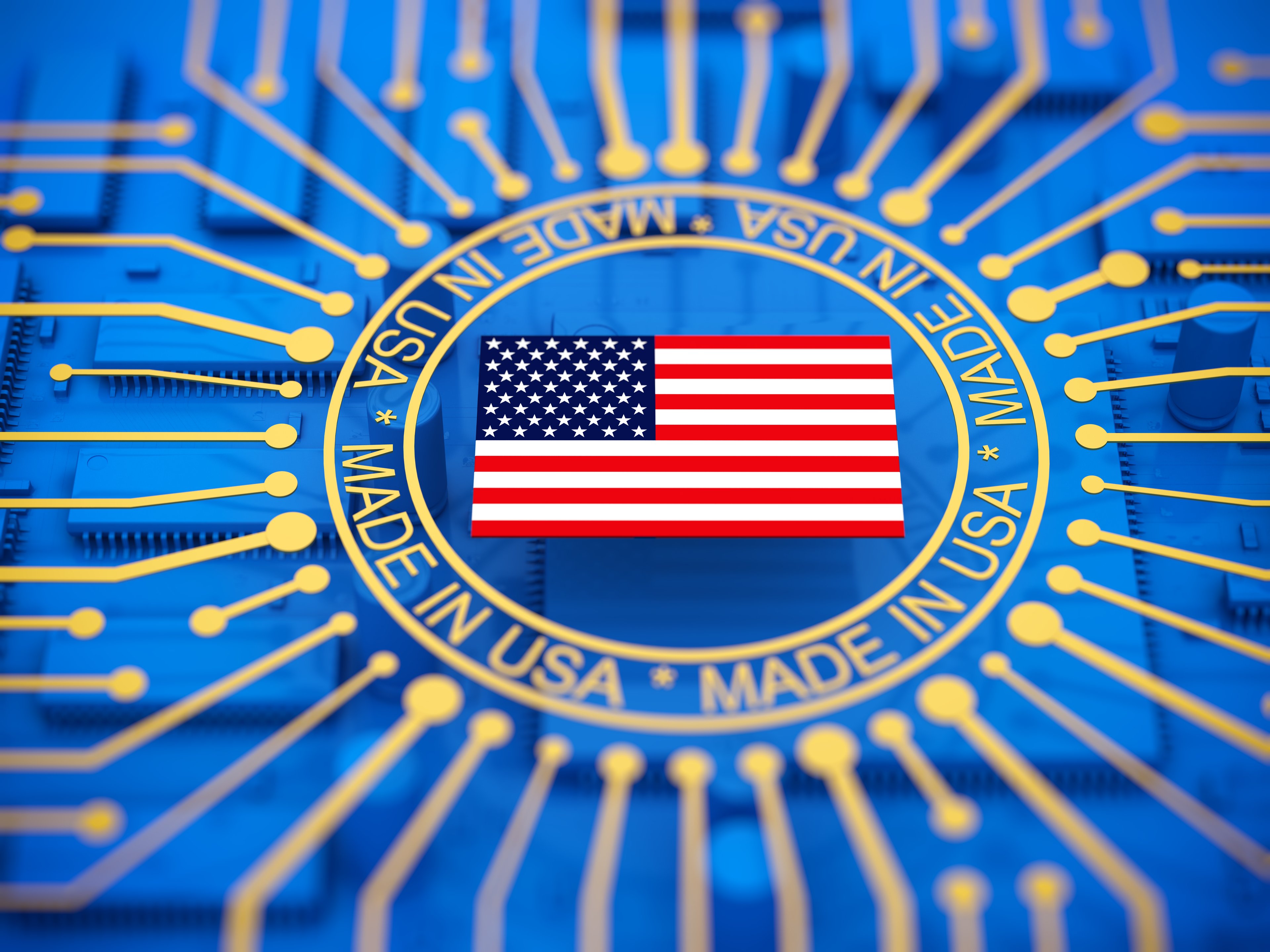 American flag with words made in USA around it and transistors coming out. 