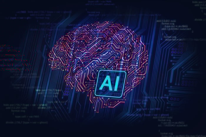 Digital brain circuit design with AI label glowing at center.