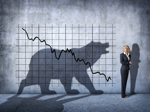 A falling stock chart with a woman looking back at it and a bear shape in the shadows. 