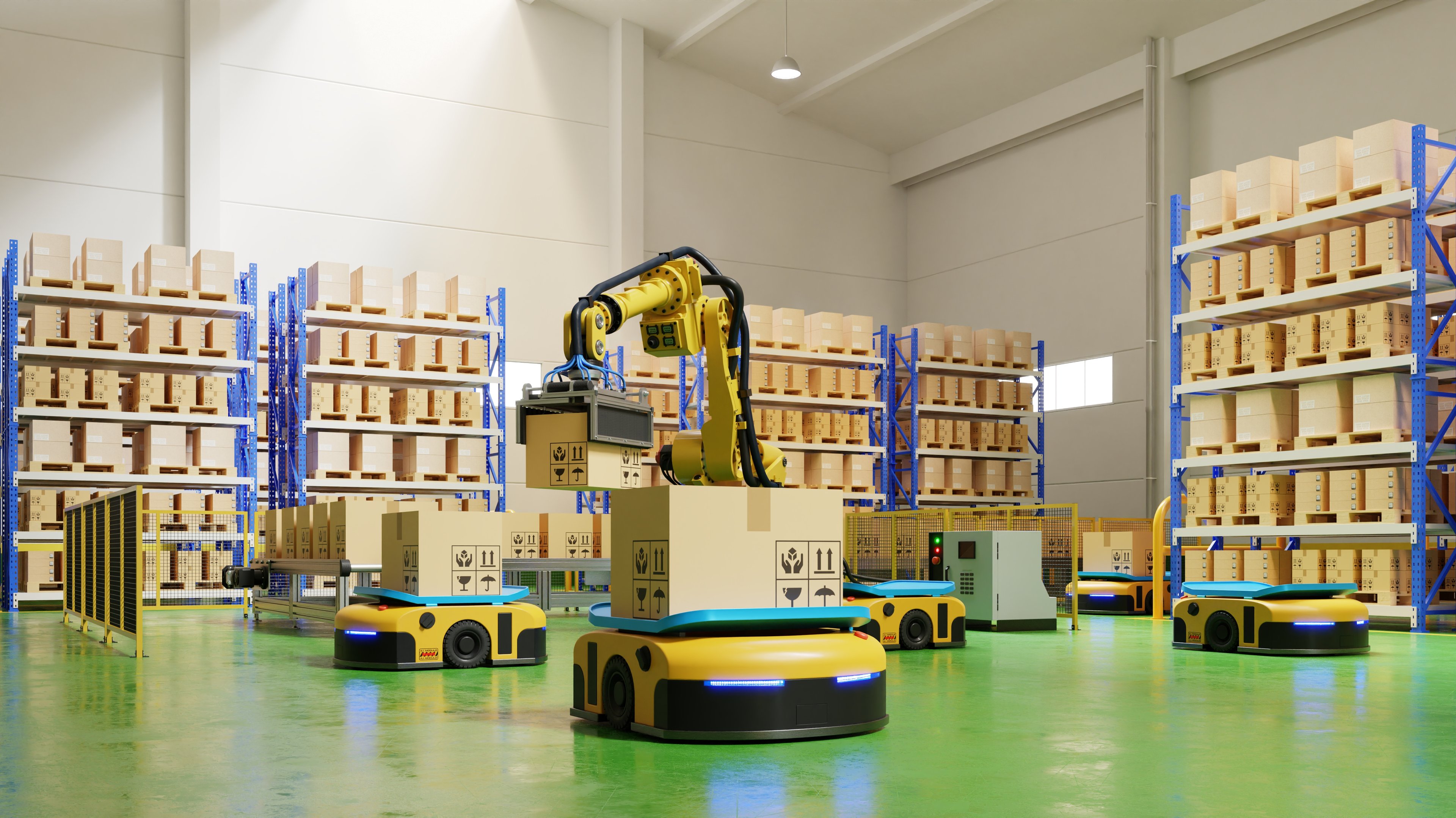 Warehouse robots organize and carry packages.