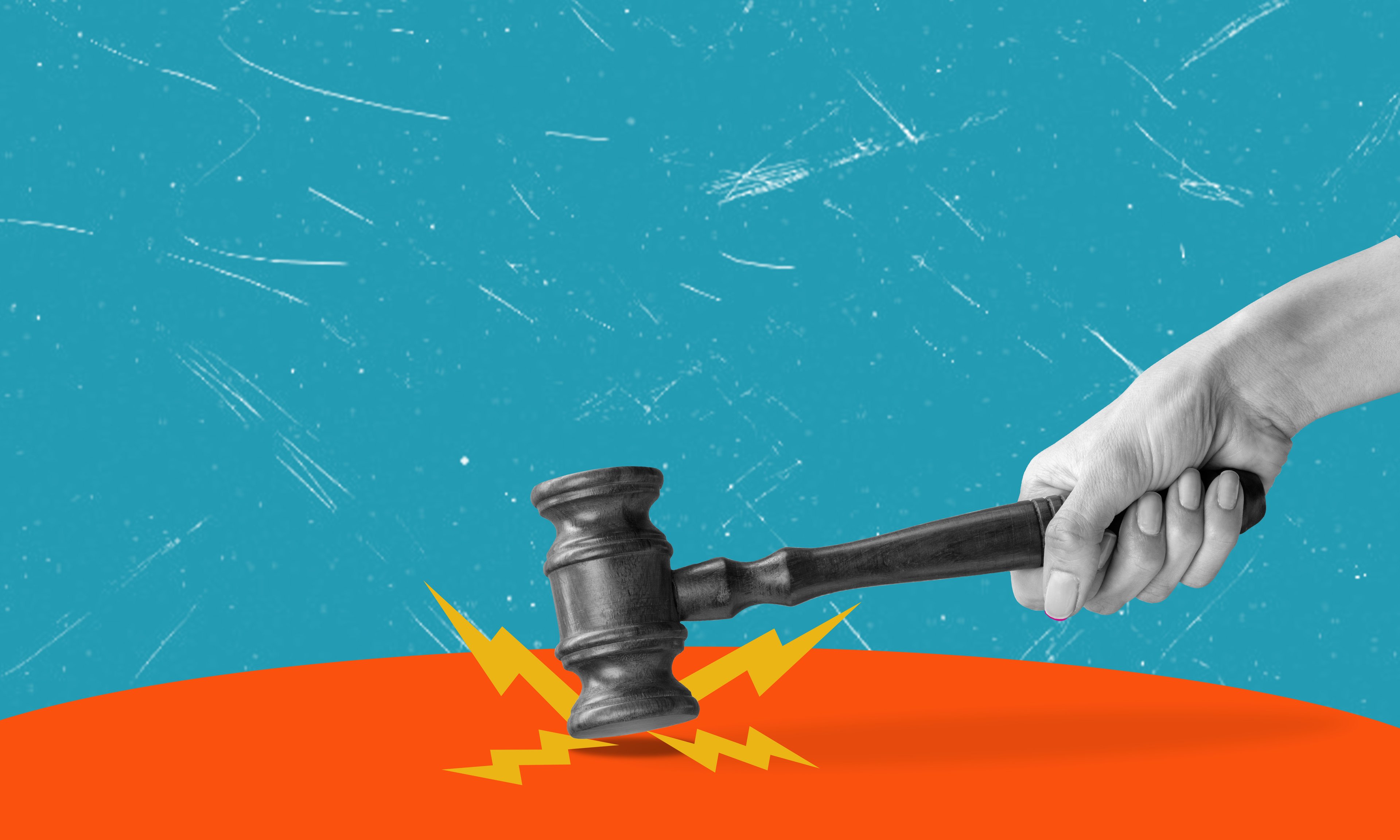 A gavel hitting an orange table with lightning coming out of its sides. 