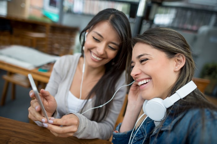 Two people smiling and looking at phone.