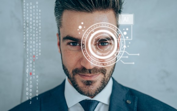 Person with digital AI interface over eye.