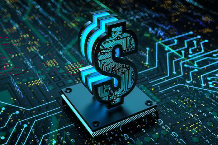 Dollar sign on top of computer chip indicating crypto mining with advanced processors.
