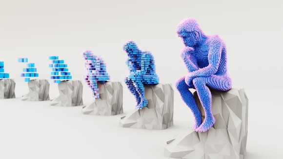 Digital thinkers, represented with purple and blue digital bits.