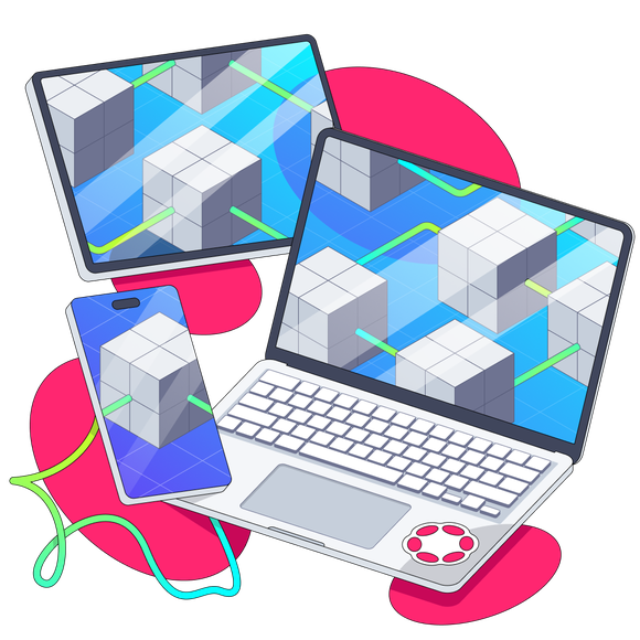 Rendering of computers and phones connected by a green line. There's a large Polkadot logo in the background and a smaller one on the laptop.