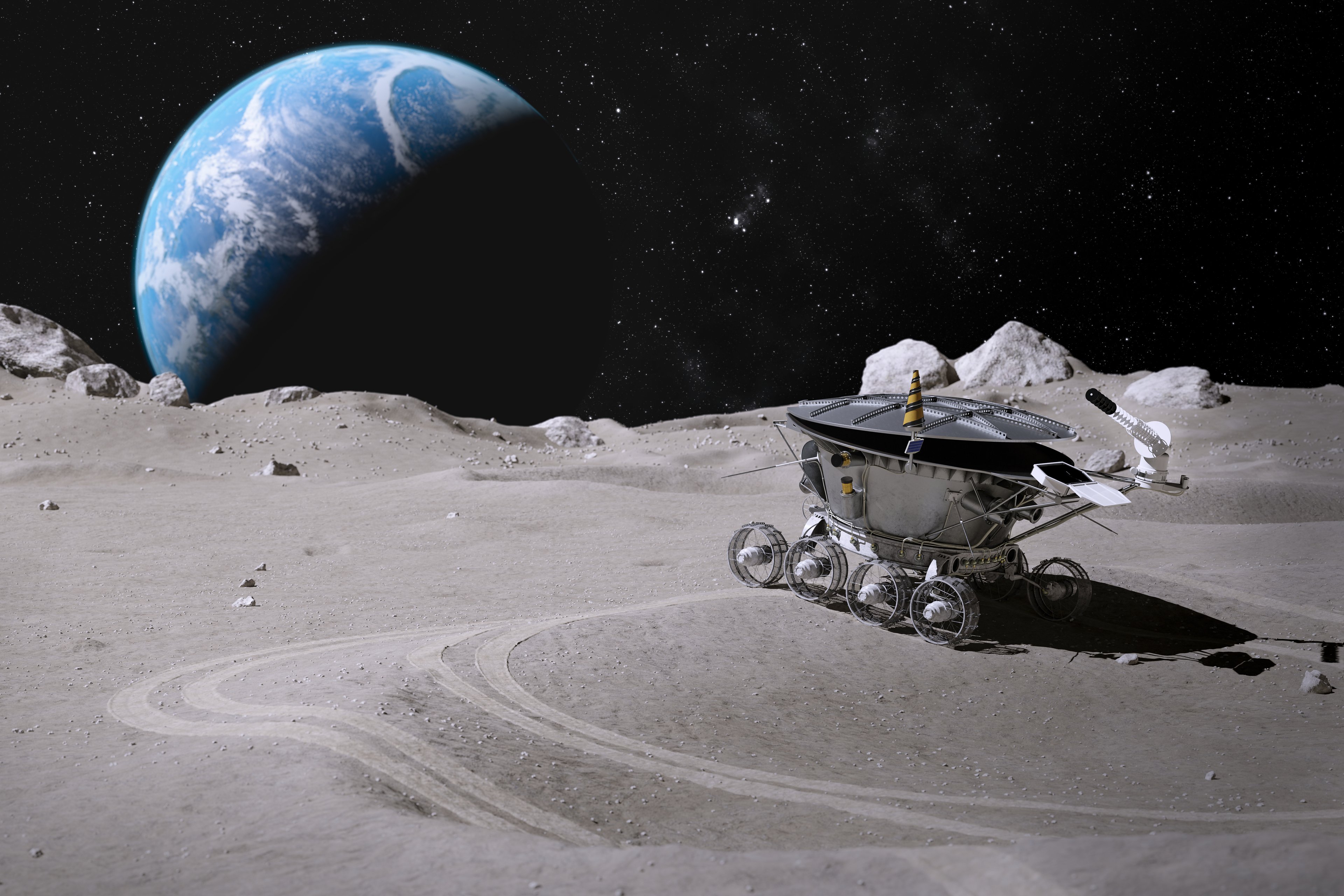 An abandoned rover is pictured on the moon with Earth in the background.