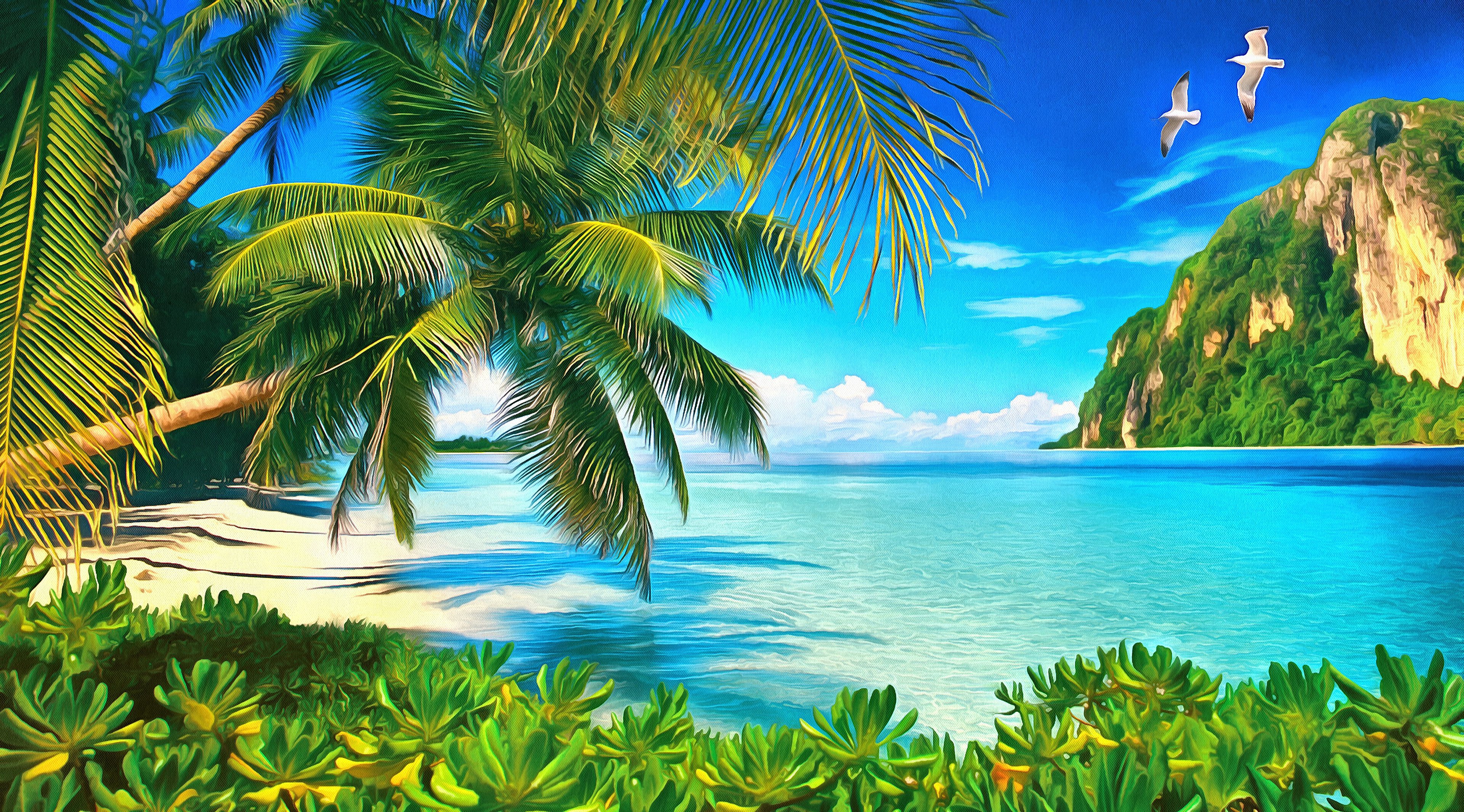 A tropical island with palm trees and birds.