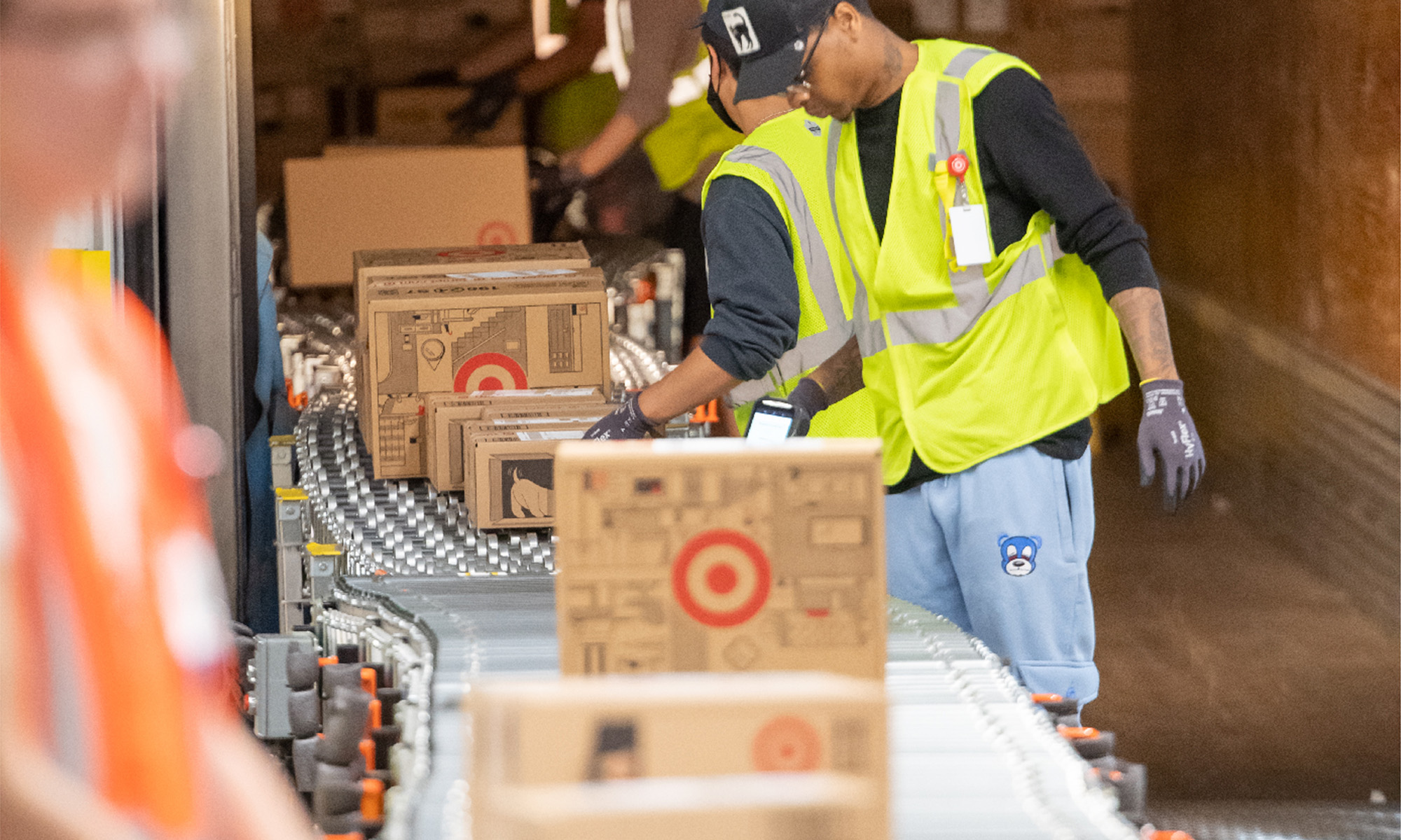 Boxes with Target logo on a conveyor belt.