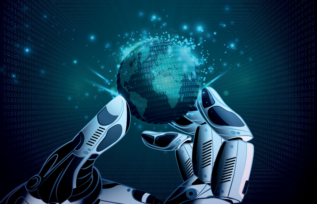 An illustration of a robot hand holding a small globe encircled with rows of ones and zeros. 