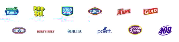 A picture showing the logos of Clorox's numerous brands. Included are Hidden Valley Ranch, Pine-Sol, Fresh Step, Clorox, Liquid-Plumr, Glad, Kingsford, Burt's Bees, Brita, Poett, Scoop Away, and 409.