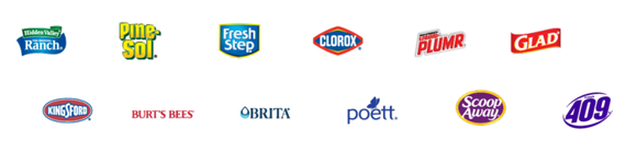 A picture showing the logos of Clorox's numerous brands. Included are Hidden Valley Ranch, Pine-Sol, Fresh Step, Clorox, Liquid-Plumr, Glad, Kingsford, Burt's Bees, Brita, Poett, Scoop Away, and 409.