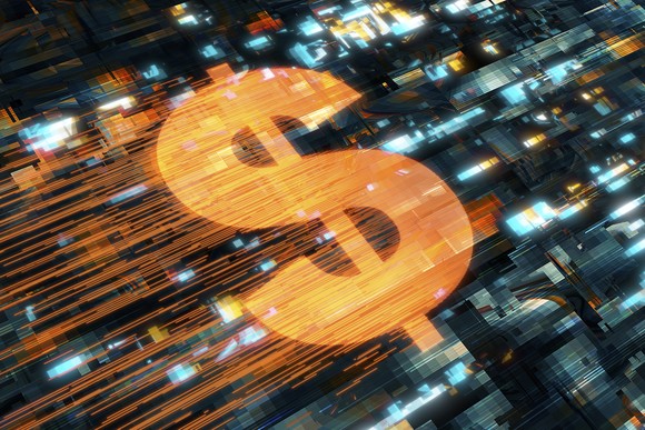 A dollar sign flying through cyberspace.