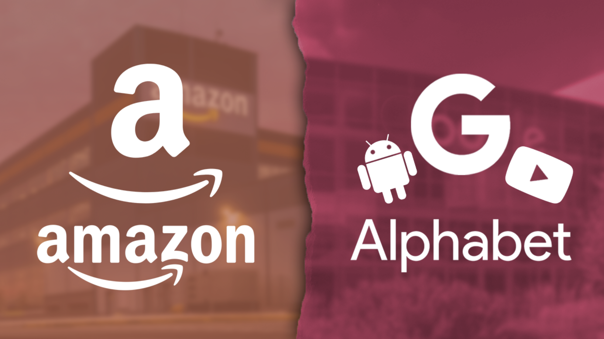 An image depicting Amazon and Alphabet's logos side by side.