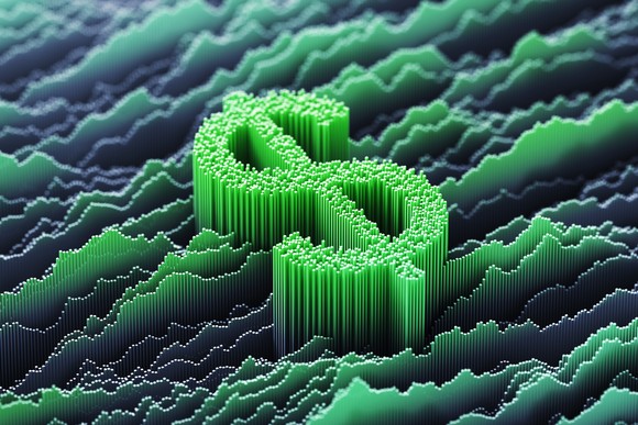 A dollar sign composed of rising and falling bar charts.