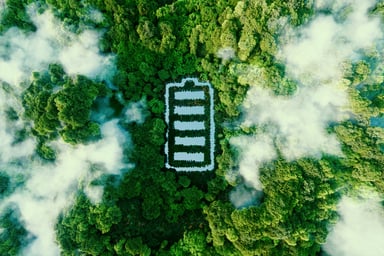 Rendering of a battery shaped pond in a forest
