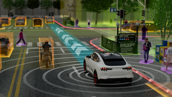 Driverless car with sensors.